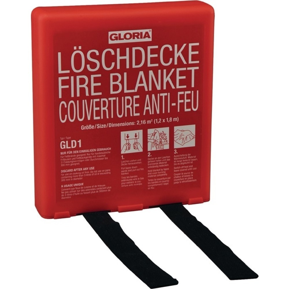 Produktabbildung: GLORIA Löschdecke DIN EN 1869:2001, silikonbeschichtetes Glasfasergewebe, L1800xB1200mm, mit Hardbox