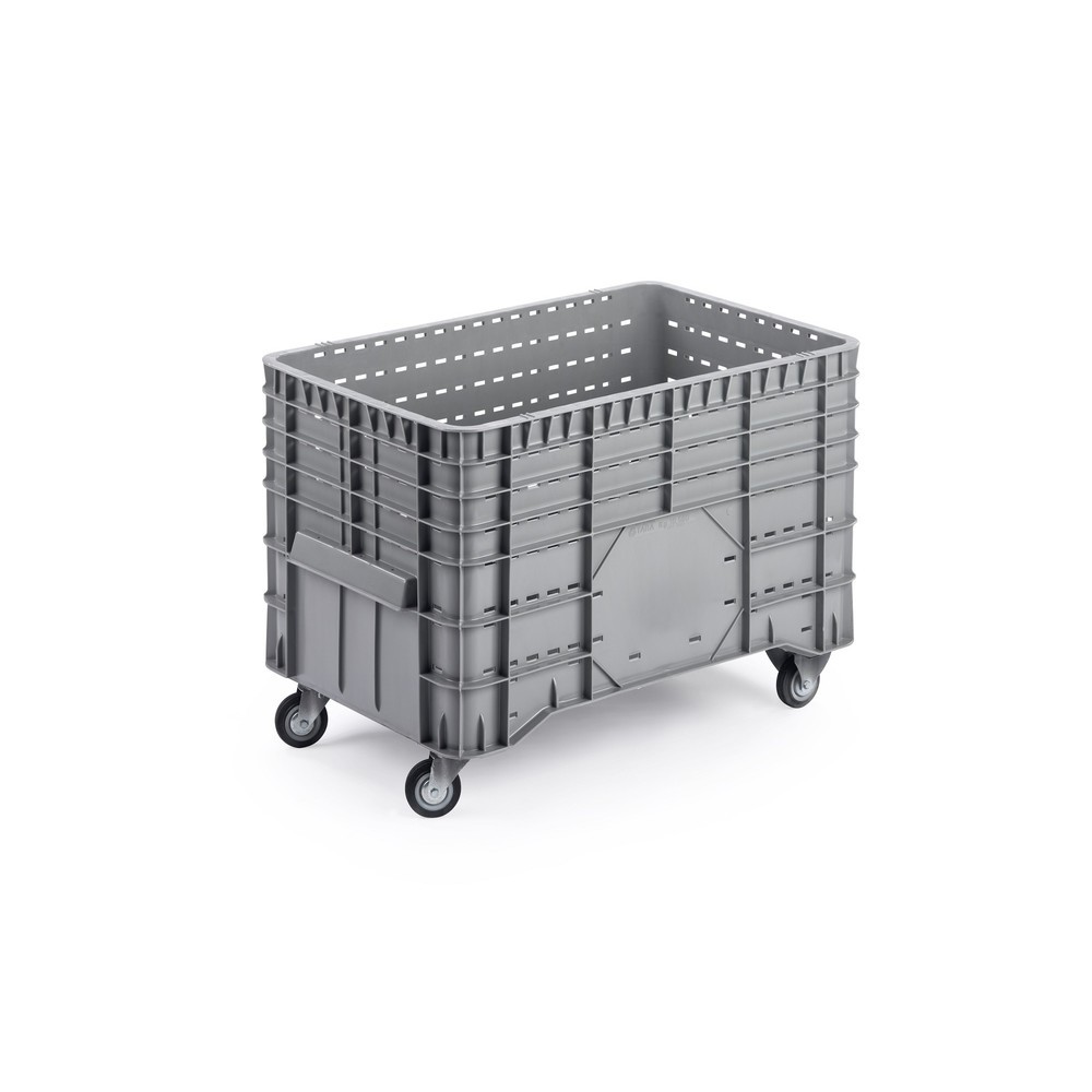Produktabbildung: Grossbehälter, grau, 1020x640x700 mm, durchbrochen, mit 4 Rollen (2 Lenk- und 2 Bockrollen)