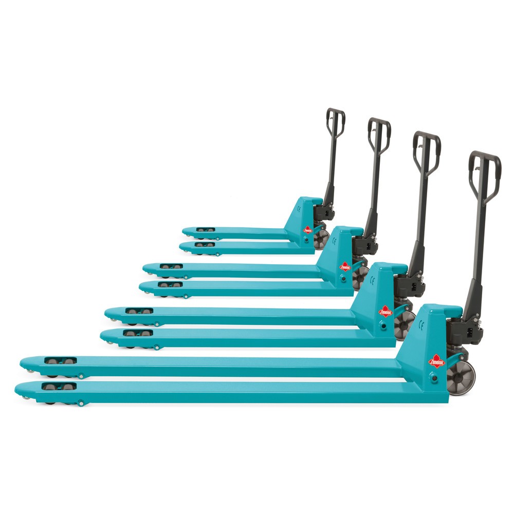 Produktabbildung: B-Ware Handhubwagen Ameise® PTM 2.0, Tragkraft 2.000 kg, Gabellänge 1.500 mm, Polyurethan, Tandemrollen