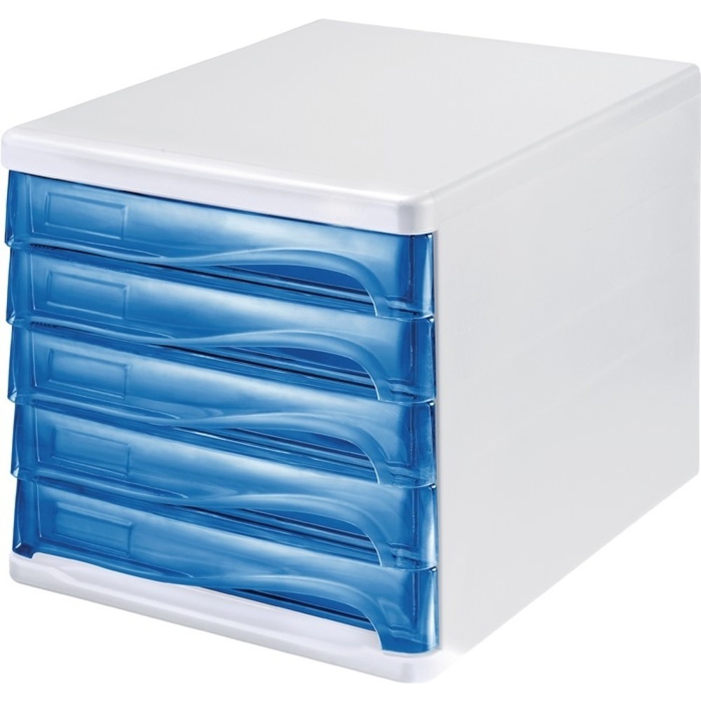 Produktabbildung: helit Schubladenbox, Kunststoff H245xB265xT340 mm, 5 Schubladen weiss/blautransparent