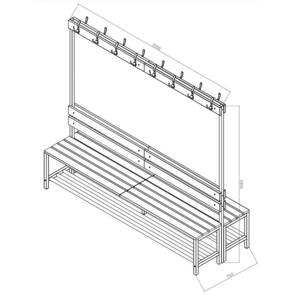 N° de l'image du produit 3 : HEMMDAL Banc de vestiaire HUB-1, utilisable des 2 côtés, avec barre à patères et grille porte-chaussures, longueur 2 000 mm