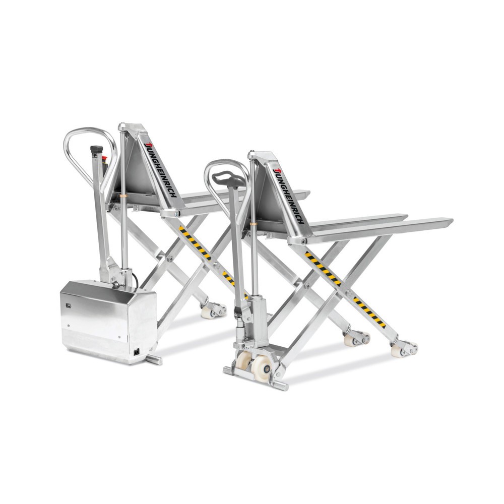 Produktabbildung: Jungheinrich Edelstahl-Scherenhubwagen AMX I15ep, Professional, Tragfähigkeit 1.500 kg, Gabellänge 1.200 mm, Nylon