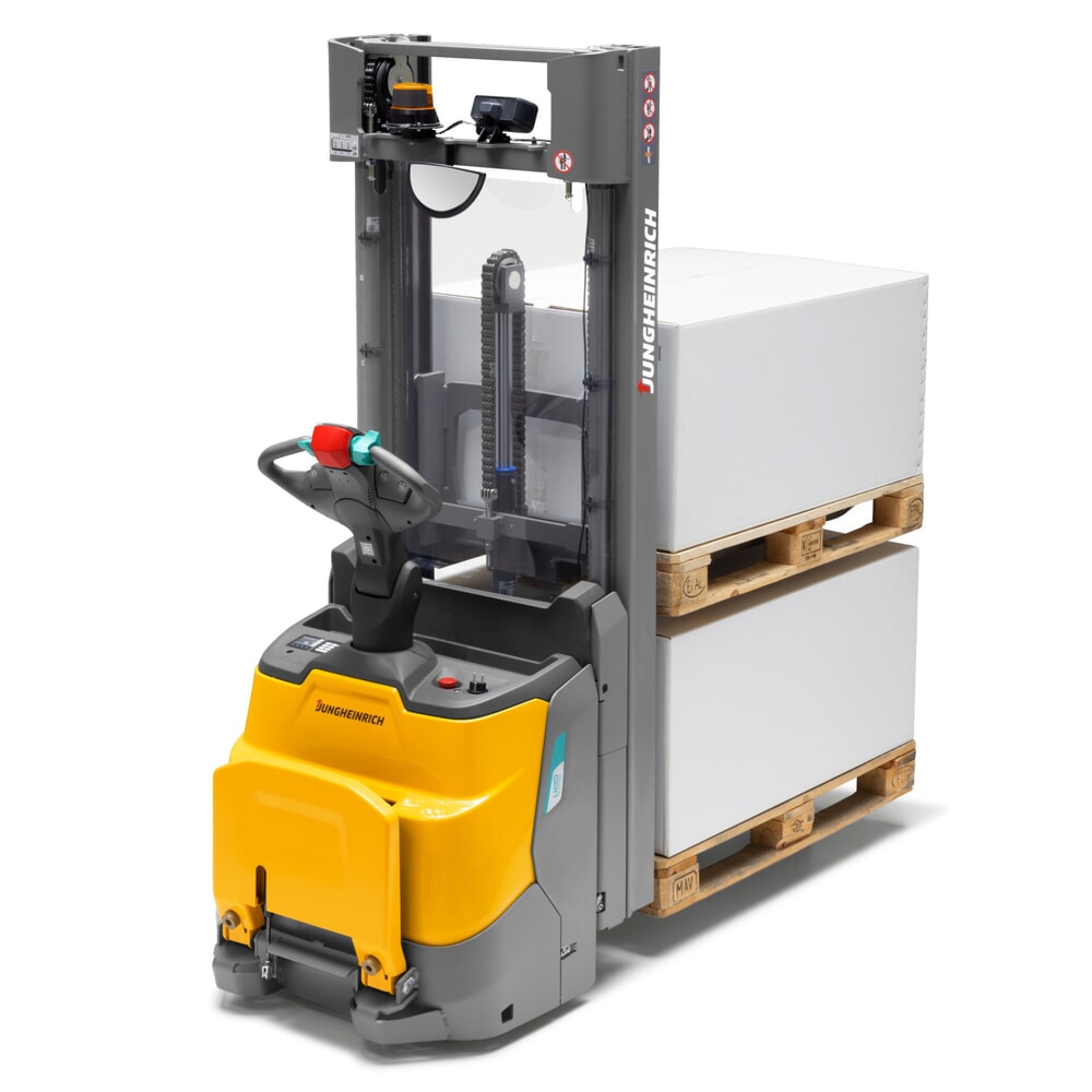 Produktabbildung: Jungheinrich Elektro-Hochhubwagen ERC 110zi ZT mit Standplattform, Zweifach-Teleskop-Hubgerüst, Hubhöhe 2.500 mm, Tragfähigkeit 1.000 kg, Proportionalhydraulik, Doppelstockfunktion, CH