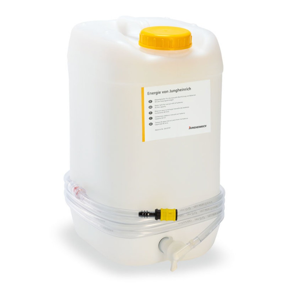 Illustration du produit: Jungheinrich réservoir d'eau, 10 l compris tuyau de 4 m, robinet d'arrêt, Couvercle jaune, indicateur de débit rm. filtre intégré