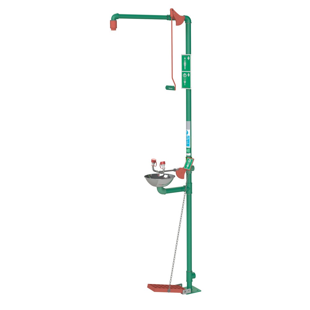 Produktabbildung: Justrite® Körper-/Augendusche-Kombination 18G85GD Hughes, mit Auffangbecken, Standmodell, Innenbereich, verzinkter Stahl