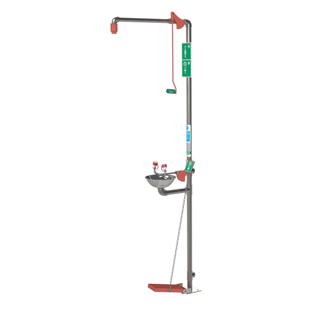 Produktabbildung: Justrite® Körper-/Augendusche-Kombination 18G85GD Hughes, mit Auffangbecken, Standmodell, Innenbereich, Edelstahl