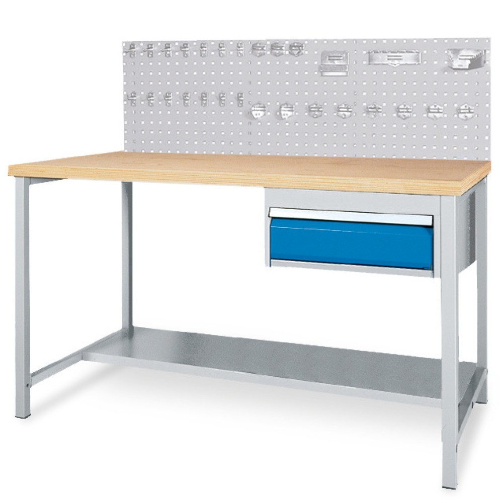 Illustration du produit: Kit complet de table d’établi avec tiroir + paroi arrière en panneaux perforés + assortiment de crochets Bedrunka+Hirth, H x l x P 1 310 x 1 500 x 750 mm