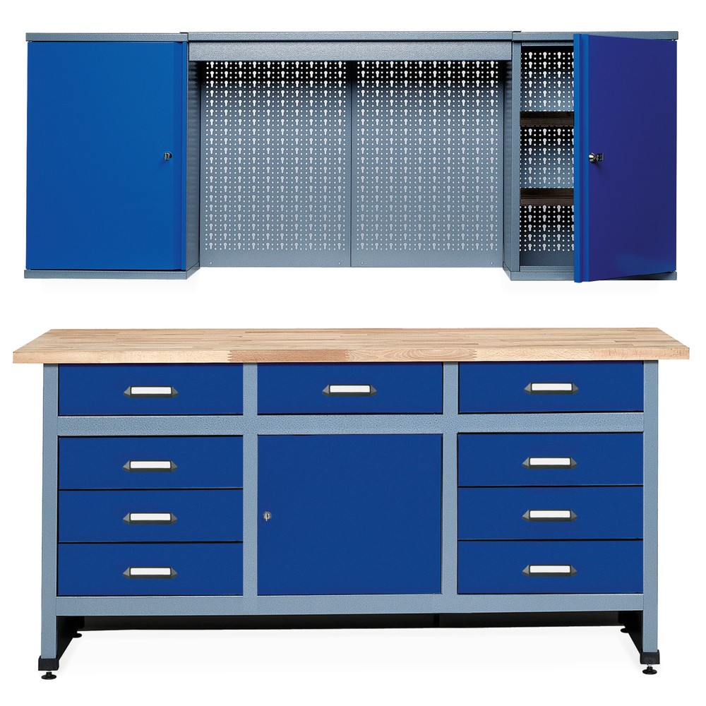 Illustration du produit: Kit d’atelier Deister 2 pièces, armoire suspendue + établi, largeur 1 700 mm, bleu