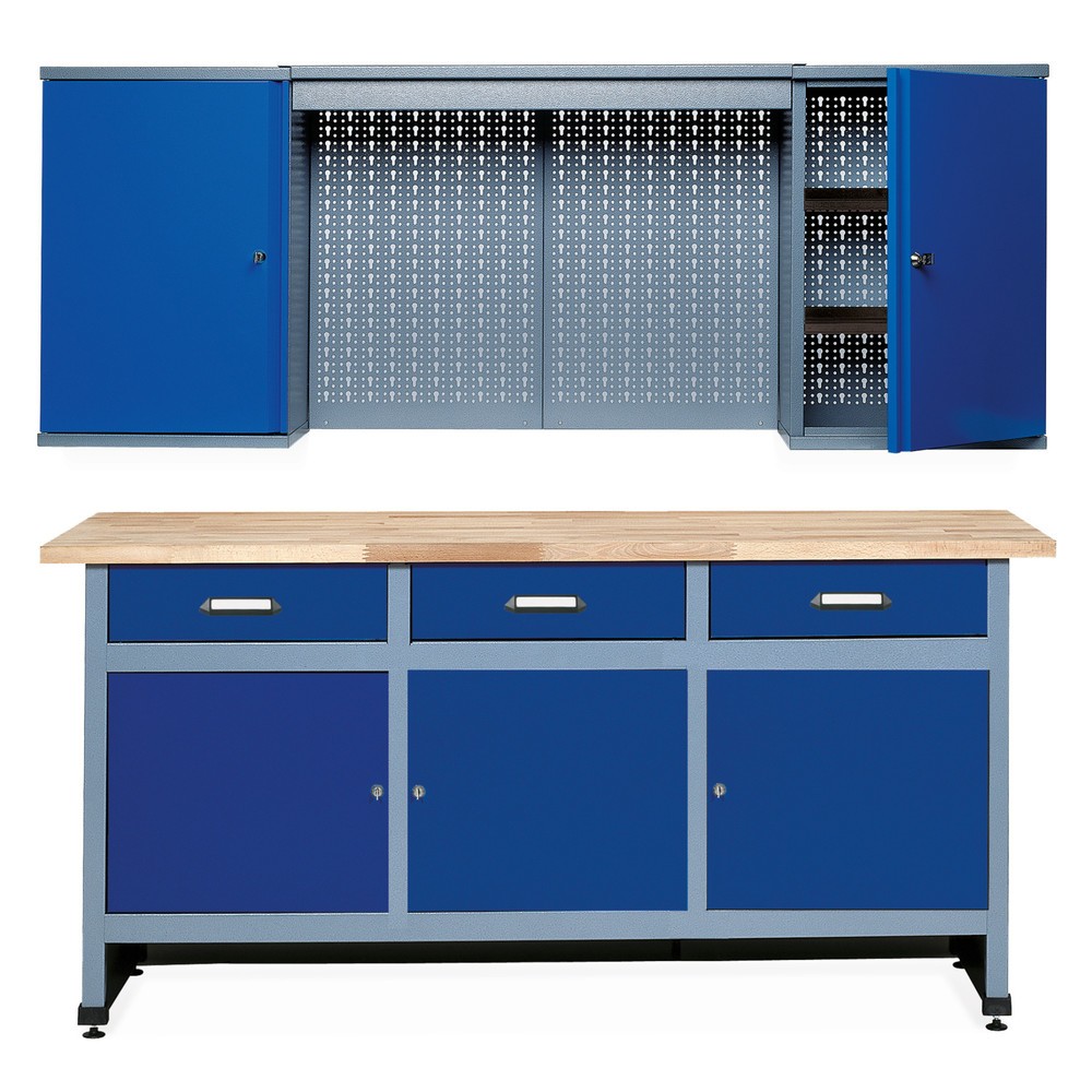 Illustration du produit: Kit d’atelier Elm 2 pièces, armoire suspendue + établi, largeur 1 700 mm, bleu