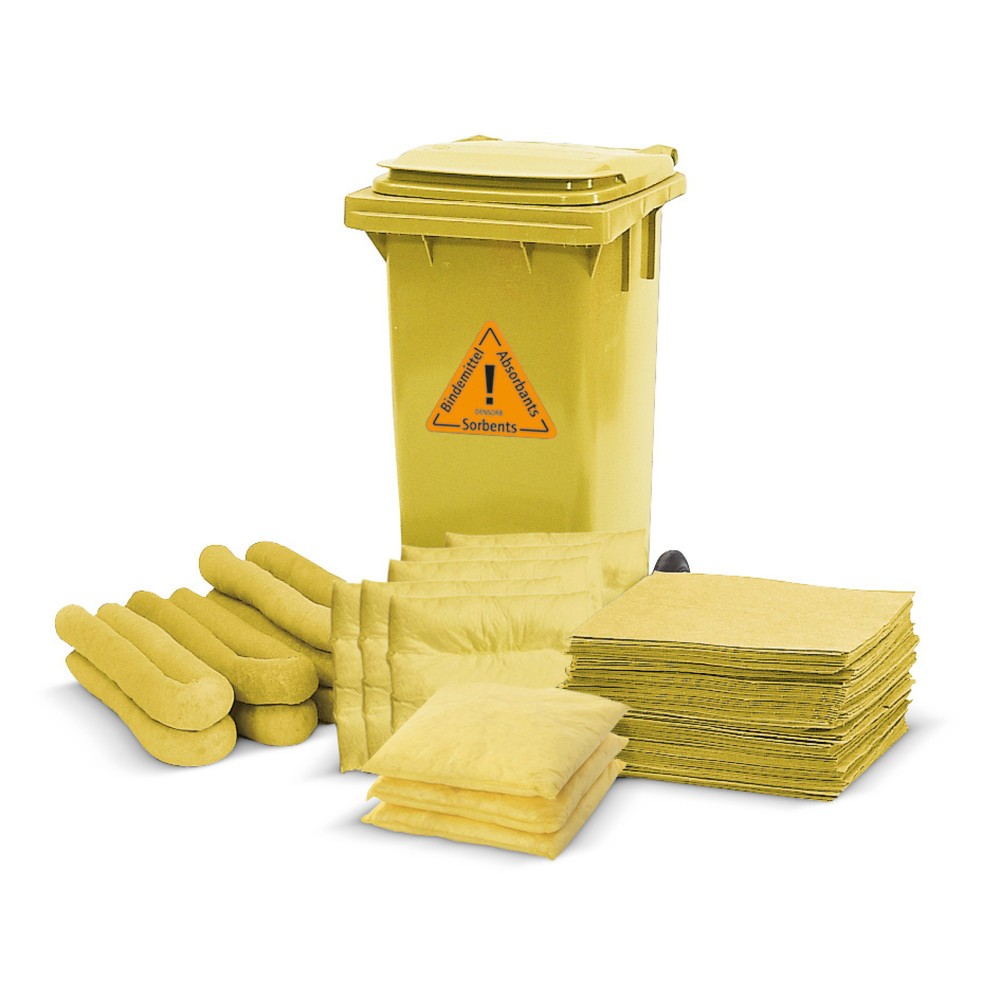 Illustration du produit: Kit d’urgence en poubelle à roulettes, produits chimiques, capacité d’absorption 139 l