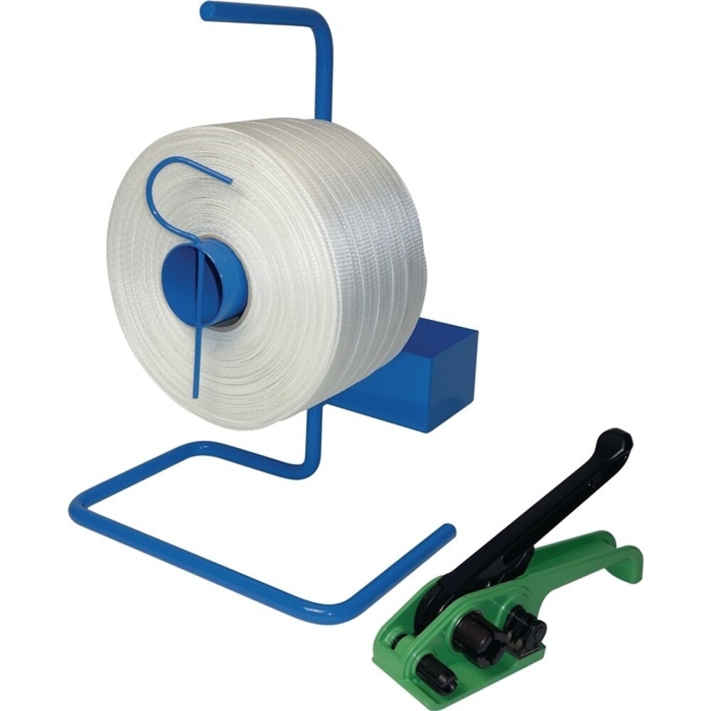 Illustration du produit: Kit de cerclage, dévidoir pour feuillard portable, feuillard de polyester 13 mm appareil de serrage à levier unique