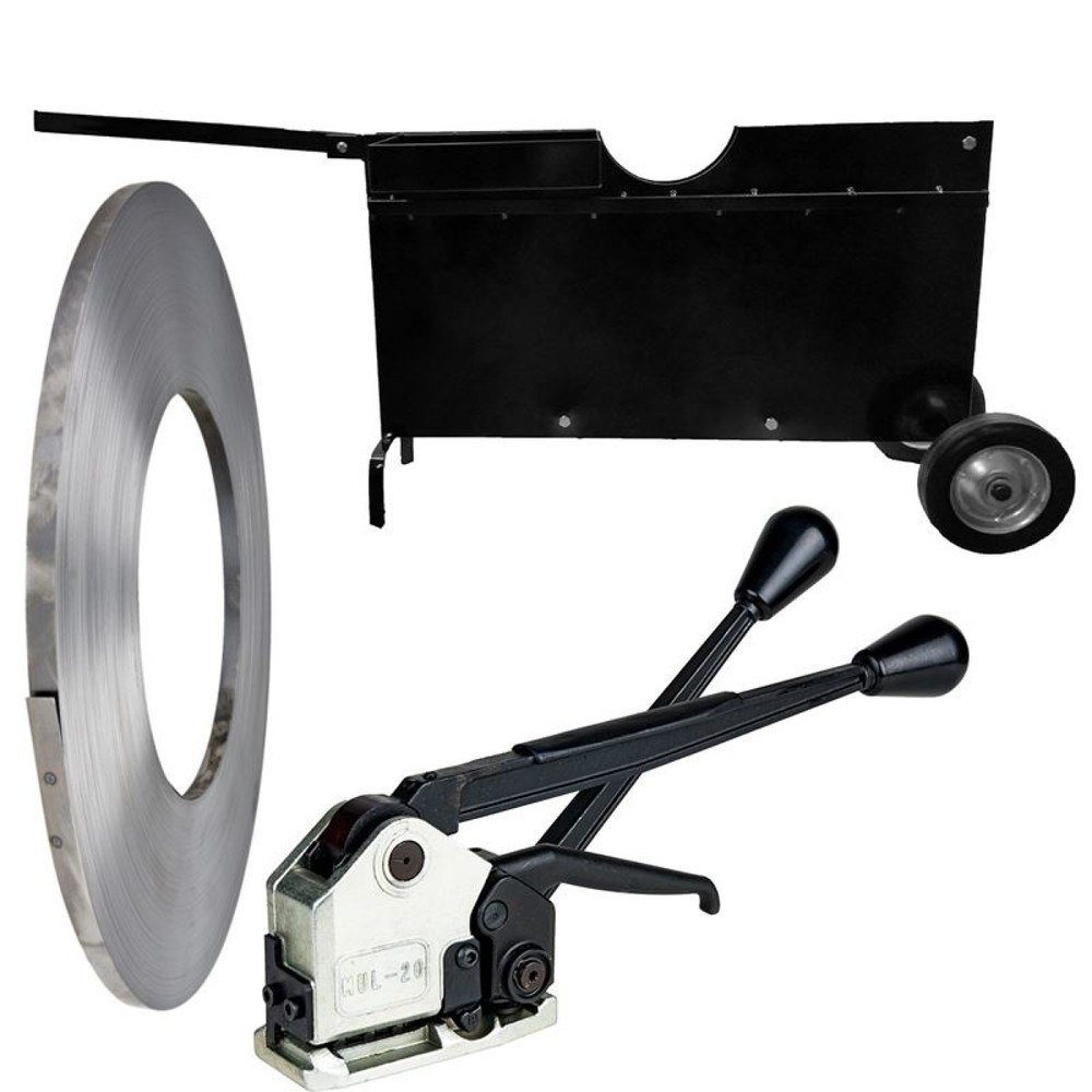 Illustration du produit: Kit de feuillards d’emballage en acier constitué d’un feuillard brut, d’un chariot dérouleur et d’un appareil de cerclage