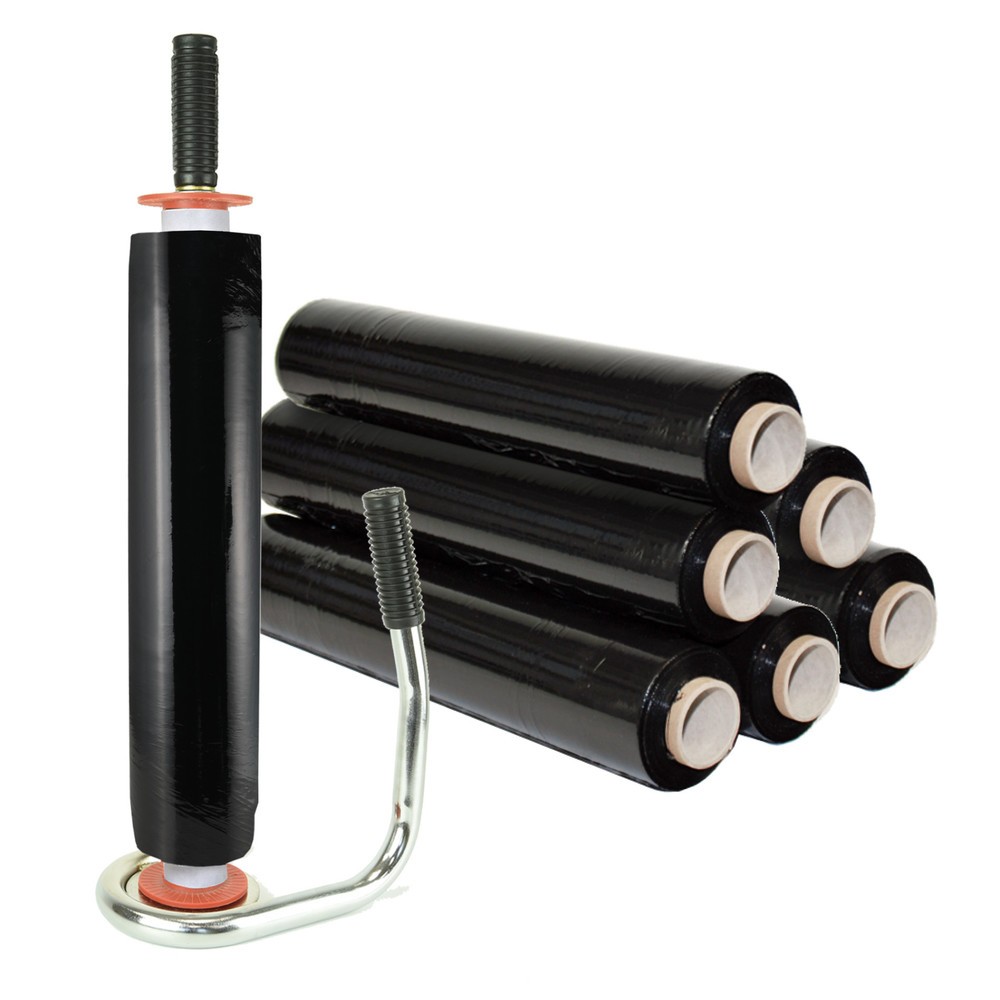 N° de l'image du produit 2 : Kit de film étirable professionnel, 6 rouleaux, lxL 500 mm x 260 ml, appareil de mise sous film manuel avec cône de centrage en plastique y compris, noir