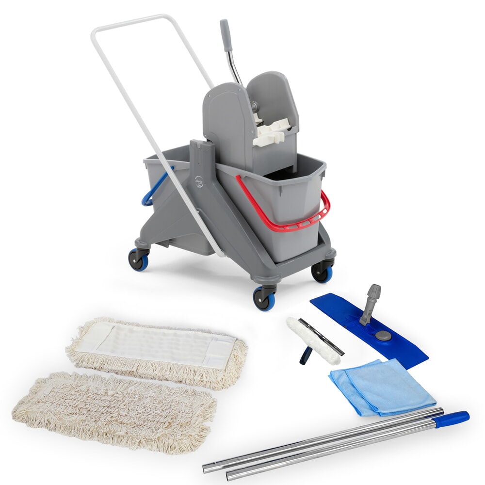 Illustration du produit: Kit de démarrage professionnel pour chariot de nettoyage Steinbock®, seau double sur roulettes de 2x 15 litres, 5 serpillières en coton de 500 mm, manche chromé en 2 parties, support pliant, 2x chiffons en microfibre et un essuie-vitre combiné