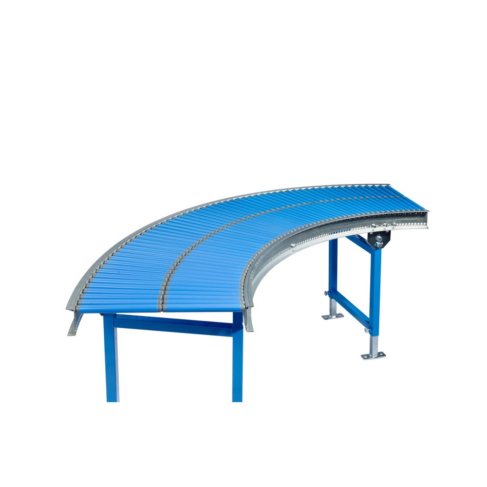 Produktabbildung: Klein-Rollenbahn, Kunststoffrollen, 90° Kurve, Federachse, Ø 20 mm, Breite 300 mm