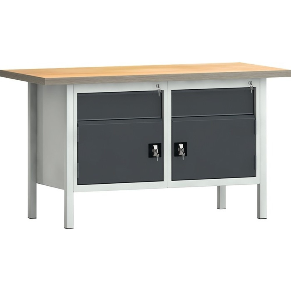 Produktabbildung: KLW-LUTZ Betriebseinrichtungen Werkbank PW 700, lichtgrau, RAL 7035, B1500xT700xH840mm Buche Multiplex, anthrazitgrau, RAL 7016 2 Schubl.2 Türen
