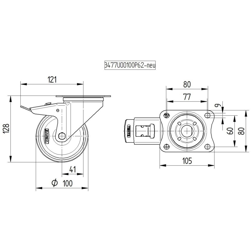Produktabbildung Nr. 2: Roue directrice TENTE caoutchouc élastique, paliers à rouleaux, dispositif d'arrêt total, protection du palier pivotant, non marquante, Ø x largeur 100 x 50 mm, capacité de charge 160 kg