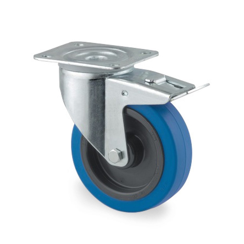 Illustration du produit: Roue directrice TENTE caoutchouc élastique, palier à rouleaux, dispositif d'arrêt total, protection du palier pivotant, non marquante, bleu, Ø x largeur 100 x 34 mm, capacité de charge 160 kg