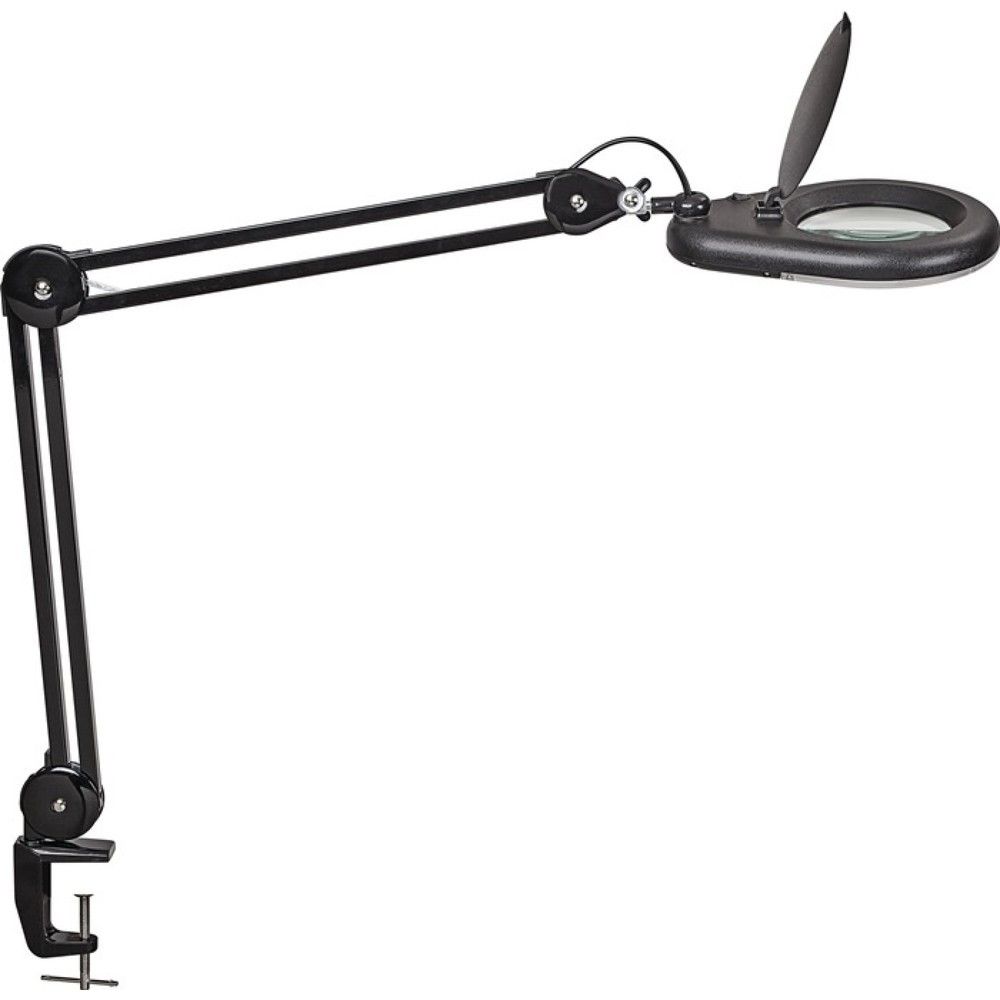 Illustration du produit: LED-Lupenleuchte, Tischklemme, Glaslinse 127 (5 ″), schwarz mit Abdeckung, runder Kopf