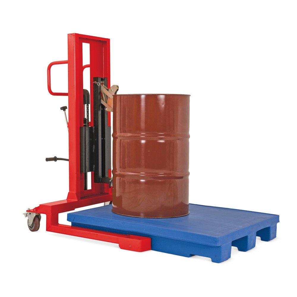 Produktabbildung Nr. 1: Lève-fûts à pédale, prise frontale, hauteur de levée 750 mm, capacité de charge 350 kg, RAL 3020 rouge signalisation
