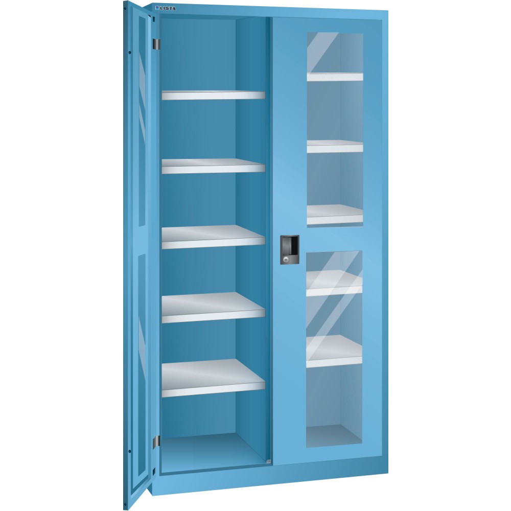 Produktabbildung: LISTA Flügeltürschrank mit Sichtfenster, (BxTxH) 1000x500x1950mm, 10 Verstellböden, lichtblau, KEY Lock