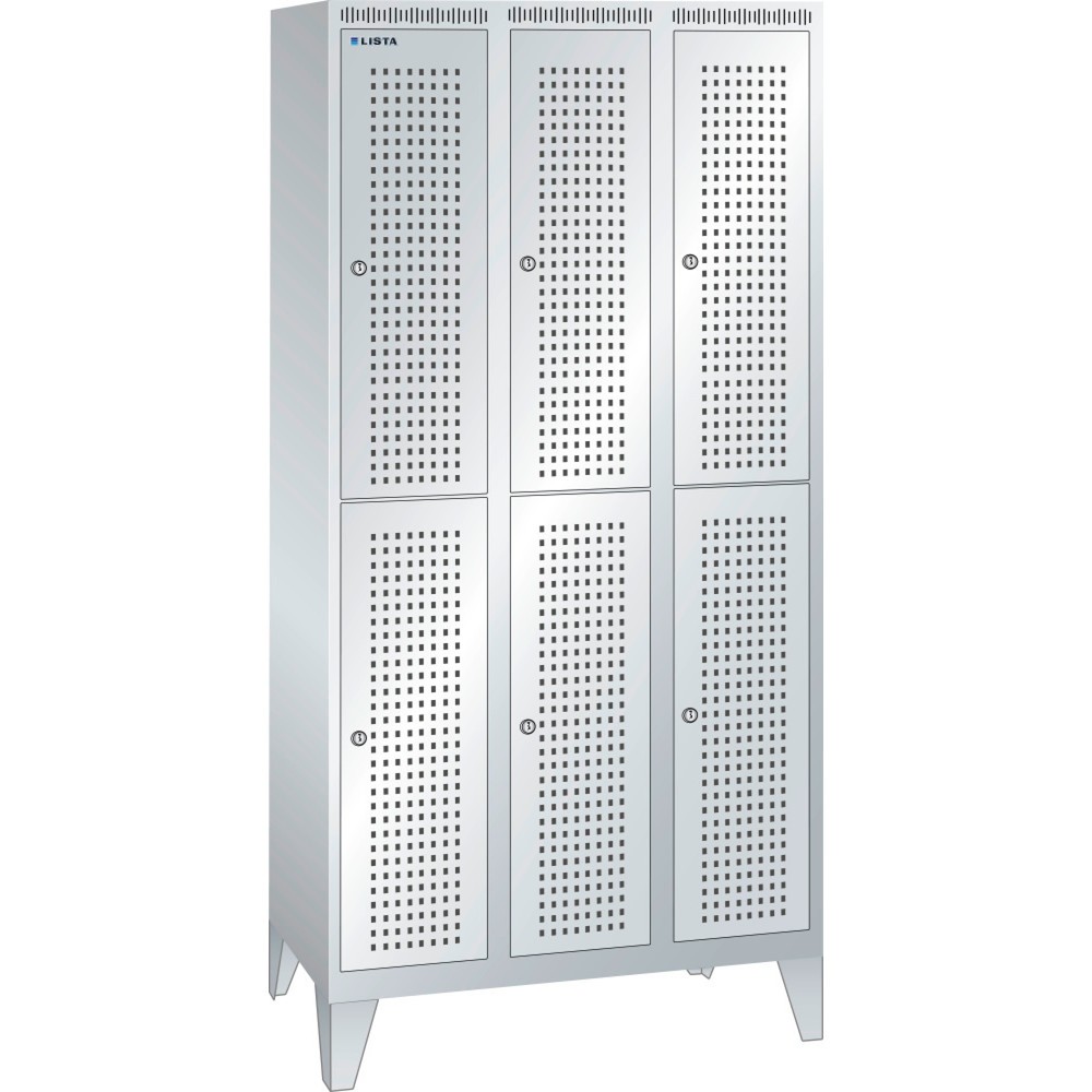 Produktabbildung: LISTA Garderobenschrank mit Lochfeld, (TxH) 500x1850mm, mit Füssen, 2-reihig, 3x2 Abteile, Zylinderschloss