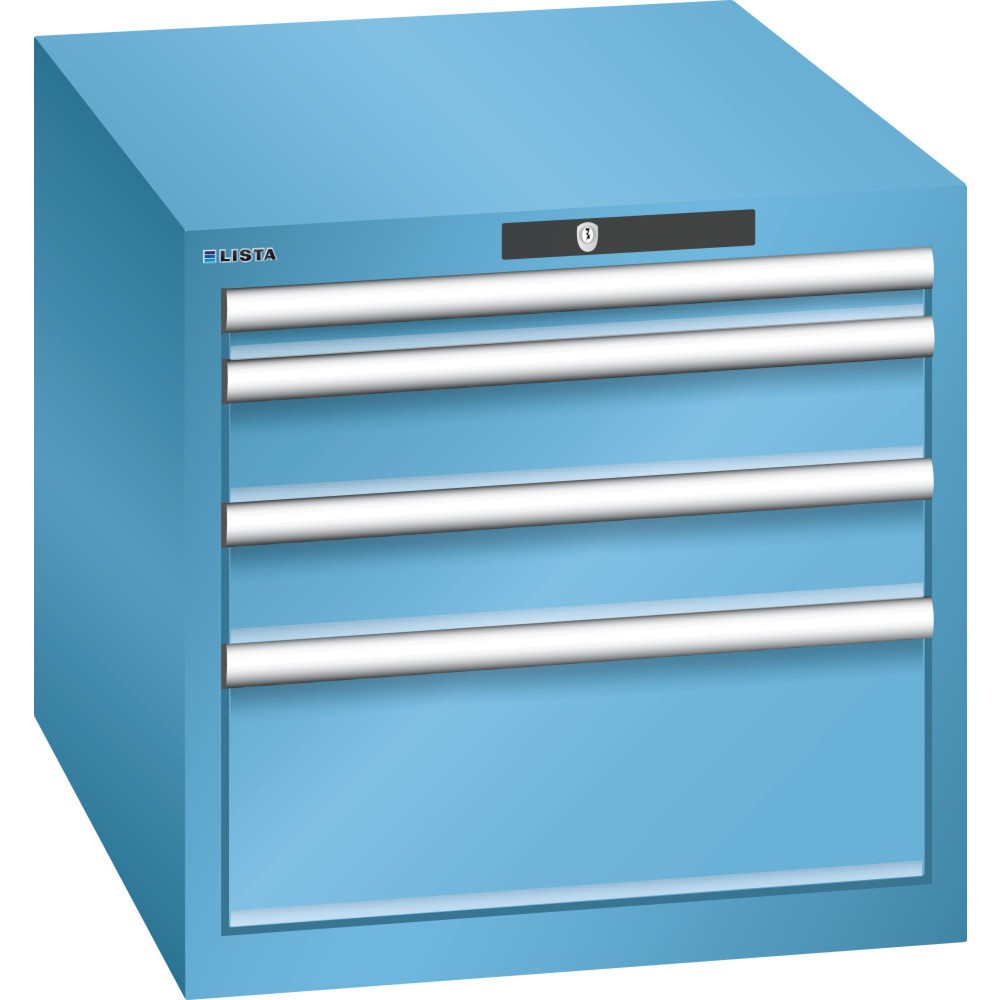 Produktabbildung: LISTA Schubladenschrank 27x36E, (BxTxH) 564x725x533mm, 4 Schubladen, 1 x  50 / 2 x 100 / 1 x 200, lichtblau, RFID Lock