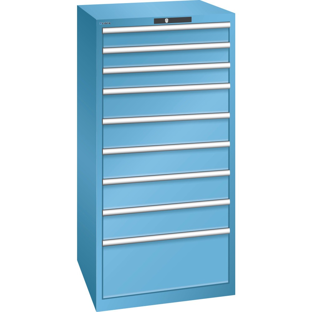 Produktabbildung: LISTA Schubladenschrank 36x36E, (BxTxH) 717x725x1450mm, 9 Schubladen, 3 x 100 / 5 x 150 / 1 x 300, lichtblau, KEY Lock