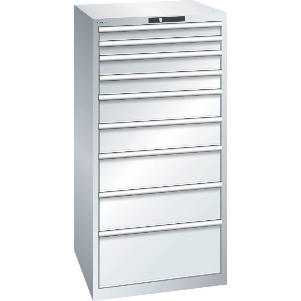 Produktabbildung: LISTA Schubladenschrank 36x36E, (BxTxH) 717x725x1450mm, 9 Schubladen, Fronthöhen 75-300mm, lichtgrau, KEY Lock