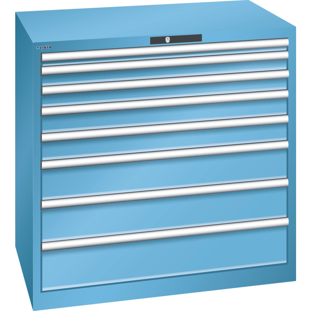 Produktabbildung: LISTA Schubladenschrank 54x36E, (BxTxH) 1023x725x1000mm, 8 Schubladen, Fronthöhen 50-200mm, lichtblau, CODE Lock
