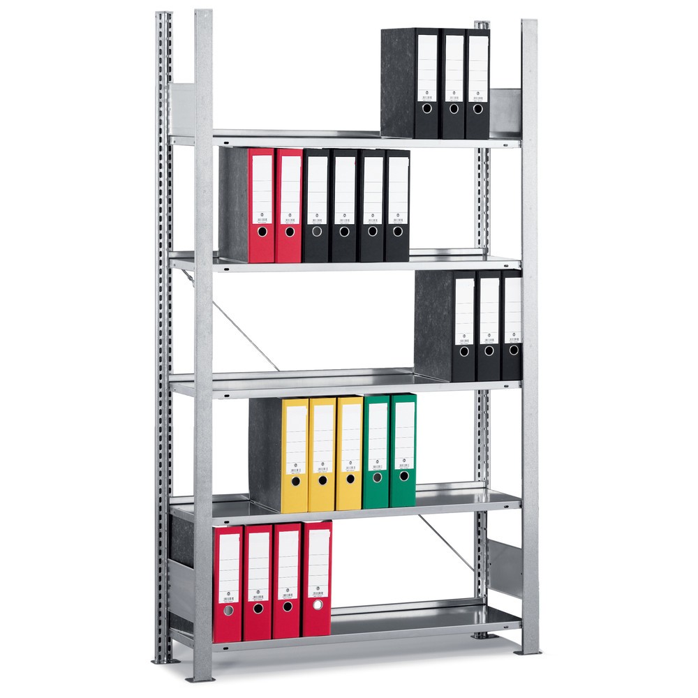 Produktabbildung: META Aktenregal GF, einseitig, ohne Abdeckboden, FL 80 kg, verzinkt, HxBxT 1.850 x 750 x 300 mm