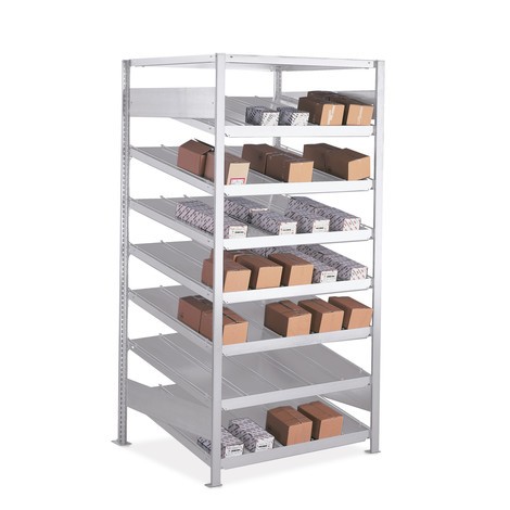 Durchlaufregal META Grundfeld, doppelseitig, mit Fachböden