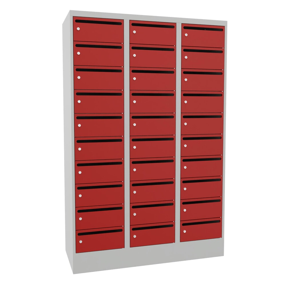 Meuble de tri du courrier PAVOY, 3 x 10 compartiments, H x l x P 1 850 x 1 230 x 500 mm, rouge feu, gris clair Illustration du produit: Meuble de tri du courrier PAVOY, 3 x 10 compartiments, H x l x P 1 850 x 1 230 x 500 mm, rouge feu, gris clair