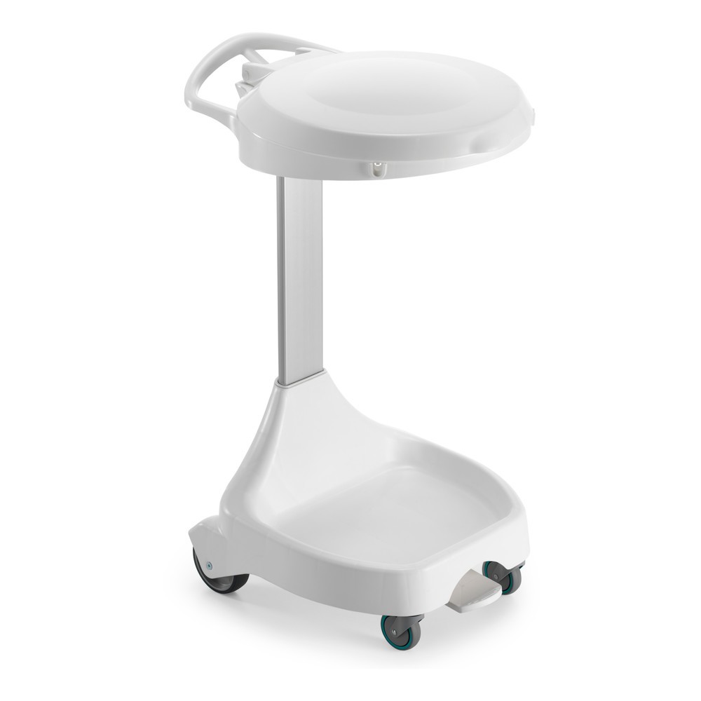 Produktabbildung: Mobiler Pedal-Abfallsackhalter Delta I, für 120-Liter-Säcke, 2 Räder + 2 Lenkrollen, Gestell weiss, Deckel blau
