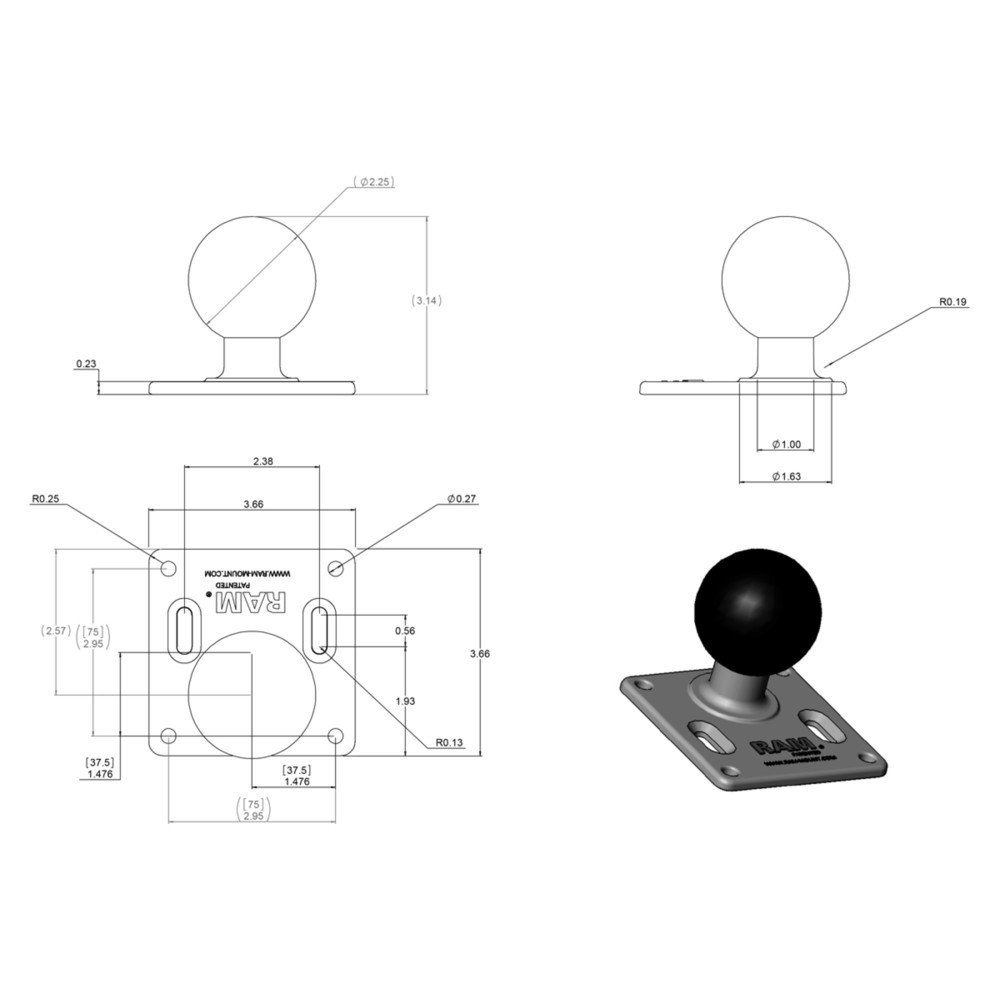Produktabbildung Nr. 2: Supports RAM Plaque VESA (3.625" x 3.625") pas 75 x 75 mm, D-ball (2.25") dans Polybag