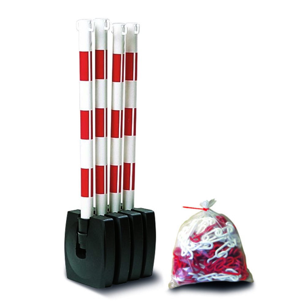 Produktabbildung: MORAVIA Ketten-Warnständer-Set GUARDA-Flex, 4 Ständer + 10 m Kette, rot/weiss