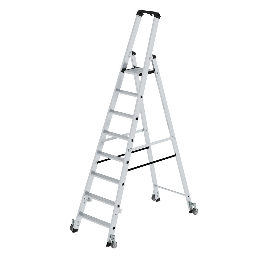 N° de l'image du produit 1 : Munk Escabeau double à marches accessible d'un côté avec roulettes, 8 marches