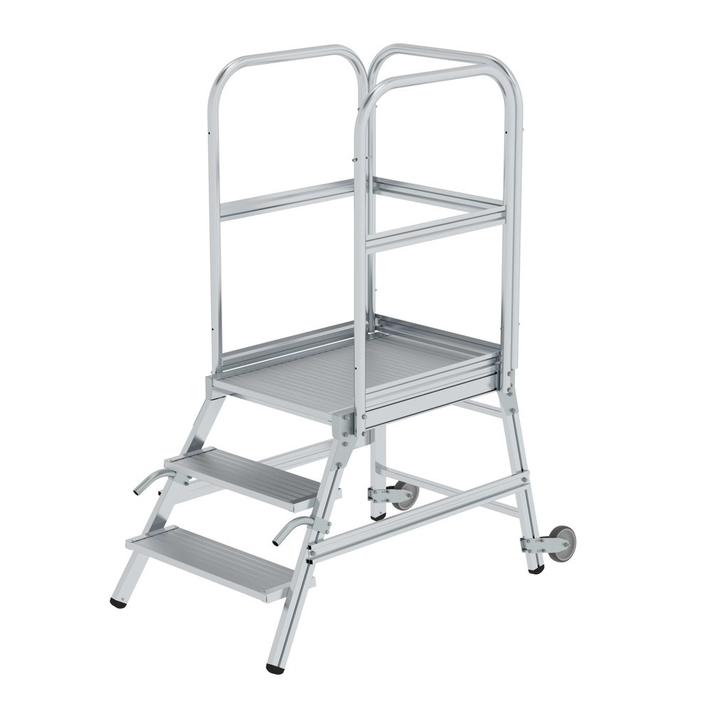 Illustration du produit: Munk Escalier à plate-forme avec marches accessibles d’un côté avec roulettes et poignées, en aluminium strié, 3 marches