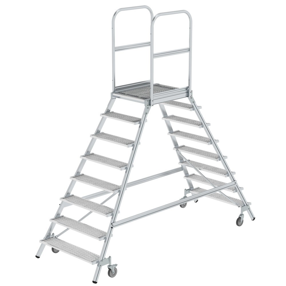 N° de l'image du produit 1 : Munk Escalier à plate-forme avec marches accessibles des deux côtés et roulettes à ressort, en caillebotis en acier, 8 marches