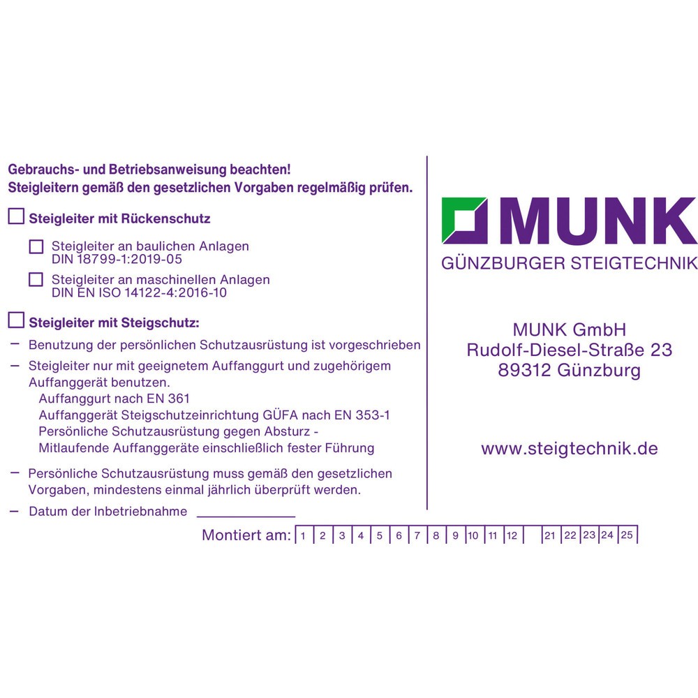 Produktabbildung: Munk Kennzeichnungsschild für Steigschutzeinrichtung f. Steigschutz