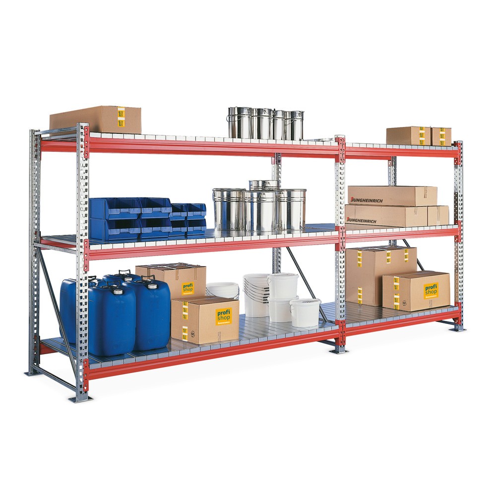 Illustration du produit: Kit complet de rayonnage grande portée META, avec panneaux en acier, galvanisé/rouge-orange, H x l x P 2 200 x 3 650 x 800 mm