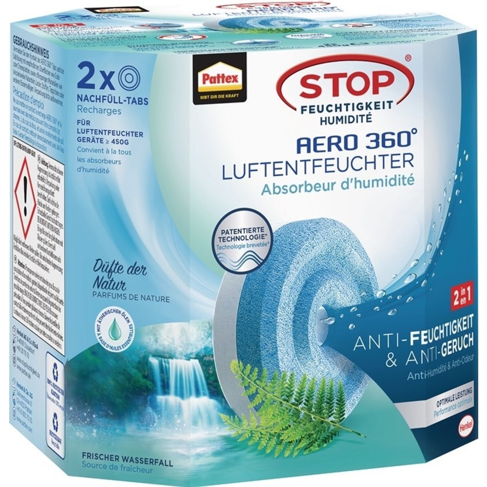 Produktabbildung: PATTEX Luftentfeuchter Aero 360, AHAWF Waterfall Freshness, 2 Tabs à 450 g, Pack