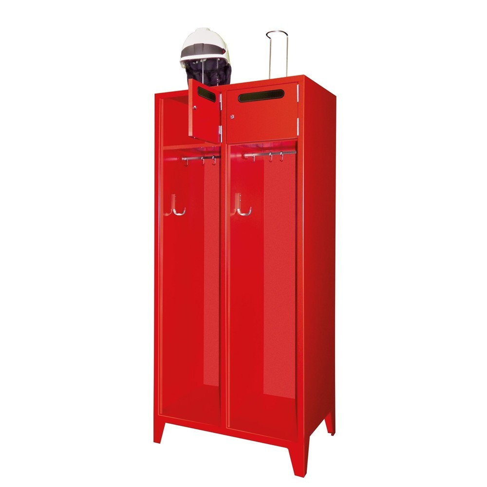 Produktabbildung: PAVOY Feuerwehrschrank mit Edelstahl-Helmhalter, Füsse, 2tlg., AB 400, Schliessfachtüren mit Einwurfschlitz und Zylinderschloss