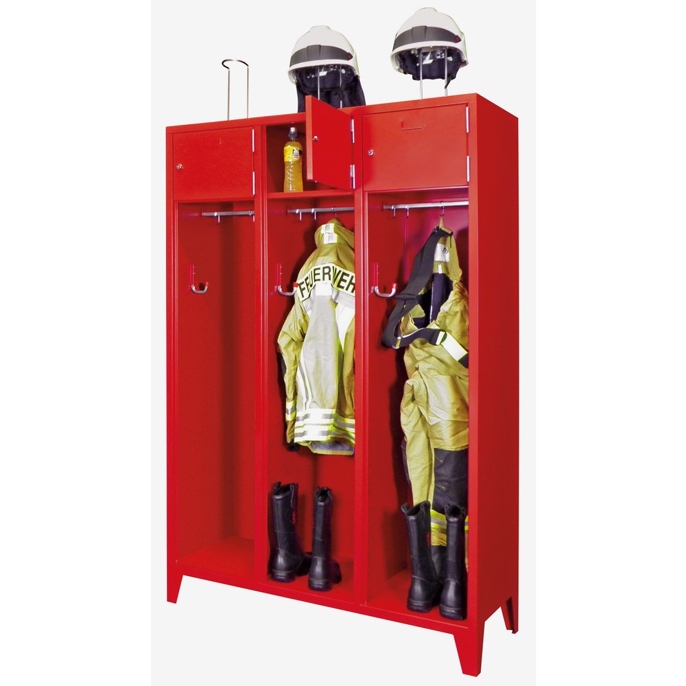 Produktabbildung Nr. 3: PAVOY Feuerwehrschrank mit Edelstahl-Helmhalter, Füsse, 3tlg., AB 400, Schliessfachtüren mit Etikettenrahmen und Zylinderschloss