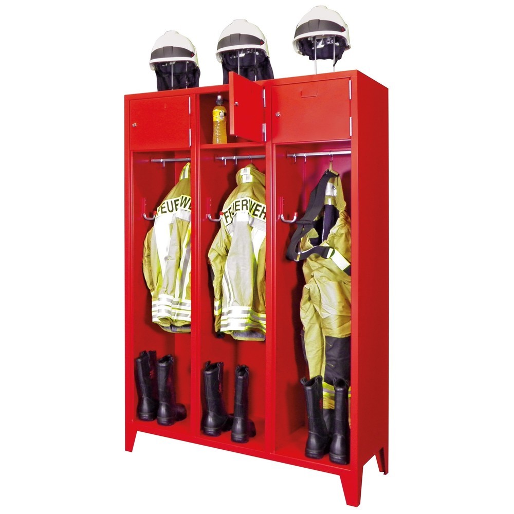 Produktabbildung Nr. 4: PAVOY Feuerwehrschrank mit Edelstahl-Helmhalter, Füsse, 3tlg., AB 400, Schliessfachtüren mit Etikettenrahmen und Zylinderschloss