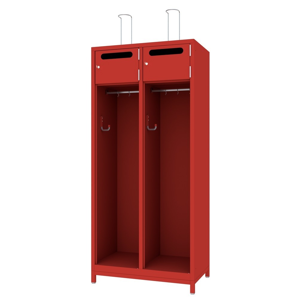 Produktabbildung: PAVOY Feuerwehrschrank mit Edelstahl-Helmhalter, Untergestell, 2tlg., AB 400, Schliessfachtüren mit Einwurfschlitz und Zylinderschloss