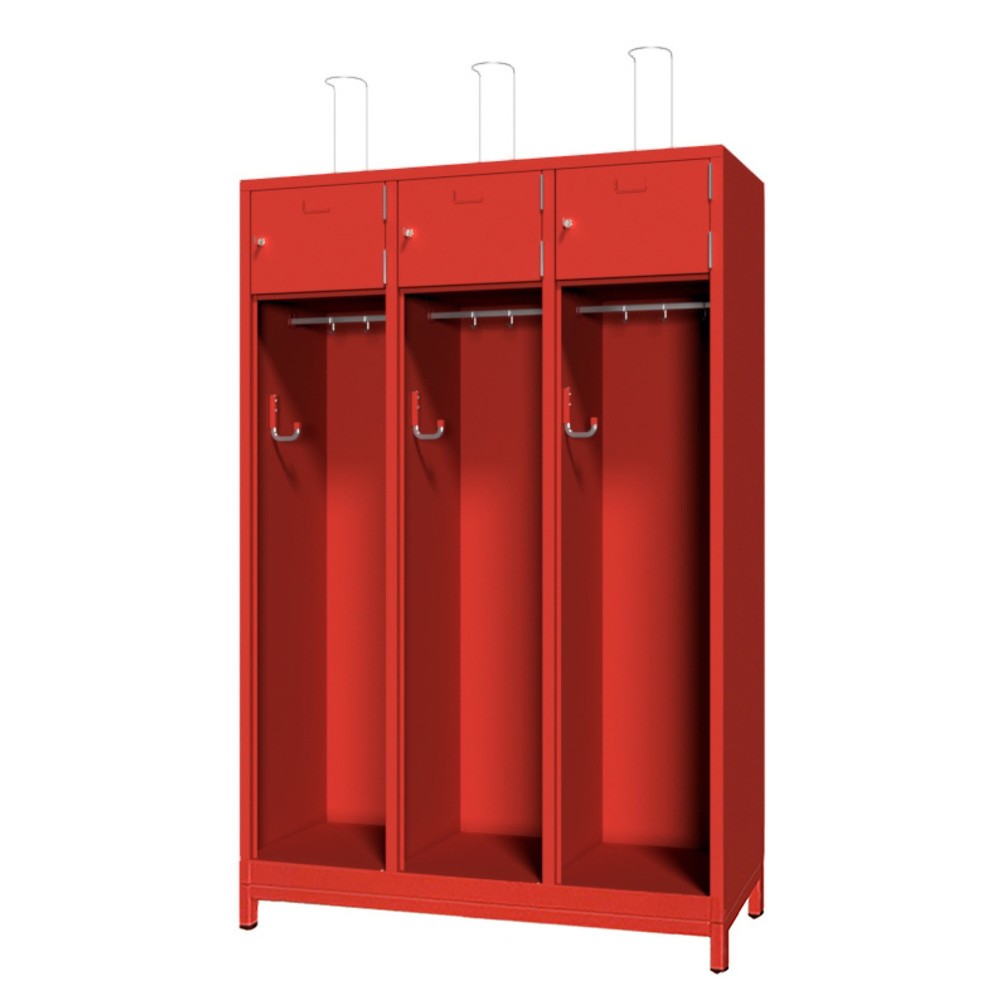 Produktabbildung Nr. 1: PAVOY Feuerwehrschrank mit Edelstahl-Helmhalter, Untergestell, 3tlg., AB 400, Schliessfachtüren mit Etikettenrahmen und Zylinderschloss