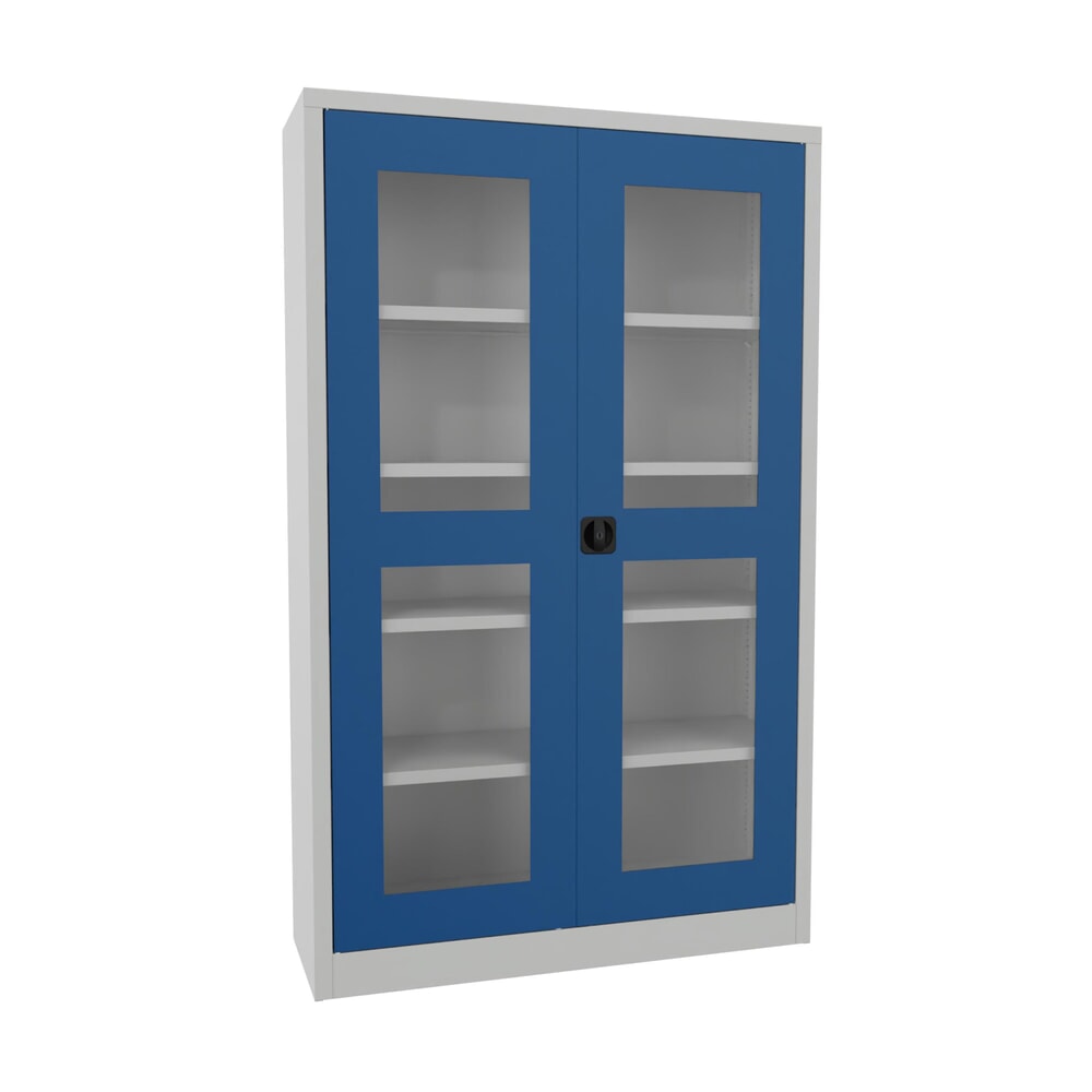 Produktabbildung: PAVOY Flügeltürschrank mit Sichtfenstern, HxBxT 1.950 x 1.200 x 400 mm, enzianblau, lichtgrau