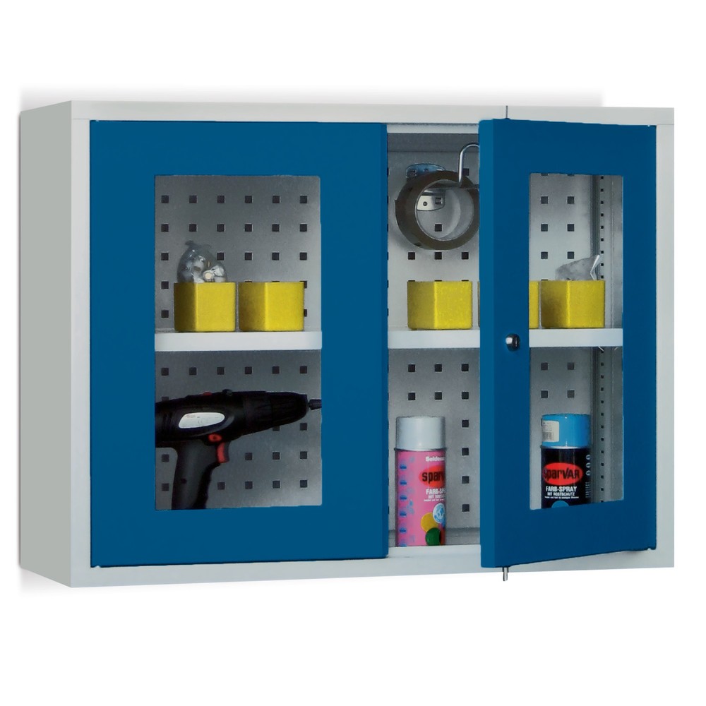 Produktabbildung Nr. 1: PAVOY Hängeschrank mit Sichtfenster, HxBxT 600 x 800 x 300 mm, Lochrückwand, rubinrot, enzianblau