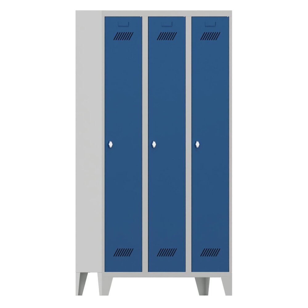 Produktabbildung: PAVOY Kleiderspind mit Füssen + Drehriegelverschluss, 3 Abteile, HxBxT 1.850 x 900 x 500 mm, enzianblau, lichtgrau